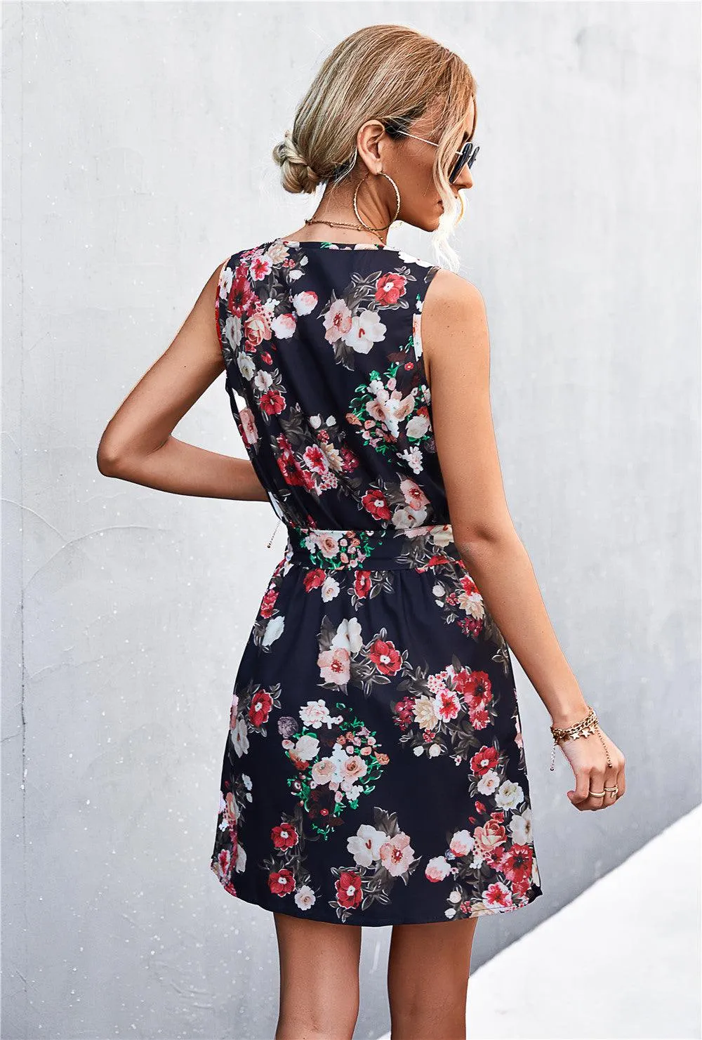Hazel Blues® | Printed Zip Detail Belted Sleeveless Dress