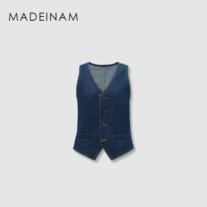 Hemp Triacetate Denim Vest & Wide-Leg Trousers Set