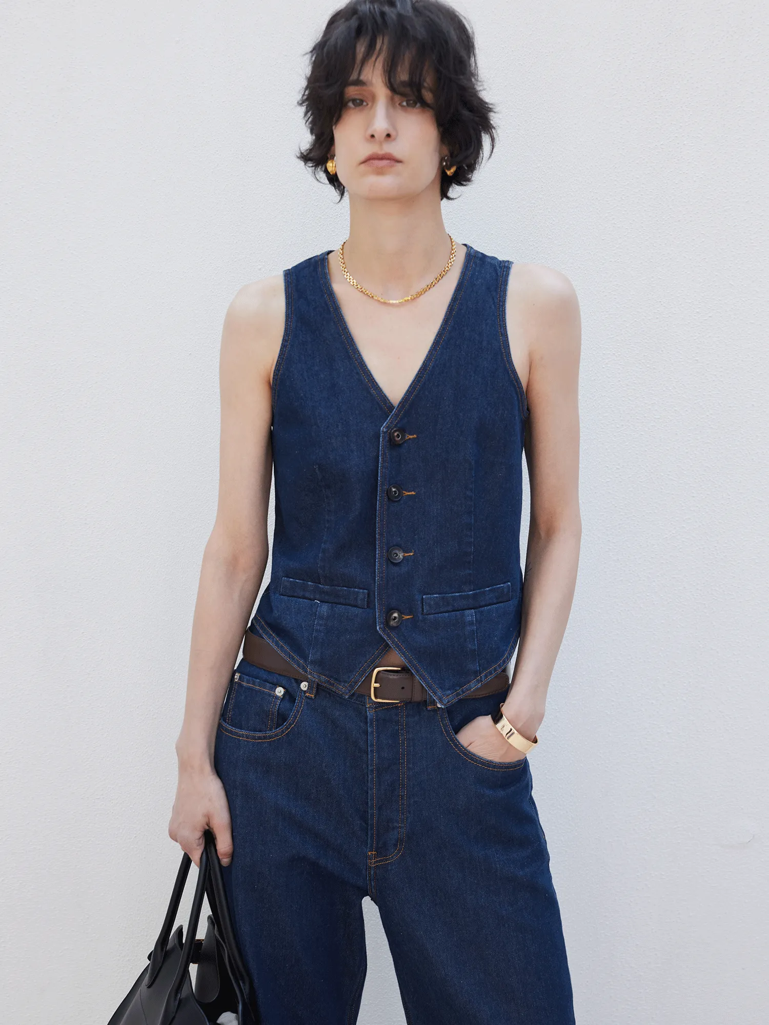 Hemp Triacetate Denim Vest & Wide-Leg Trousers Set
