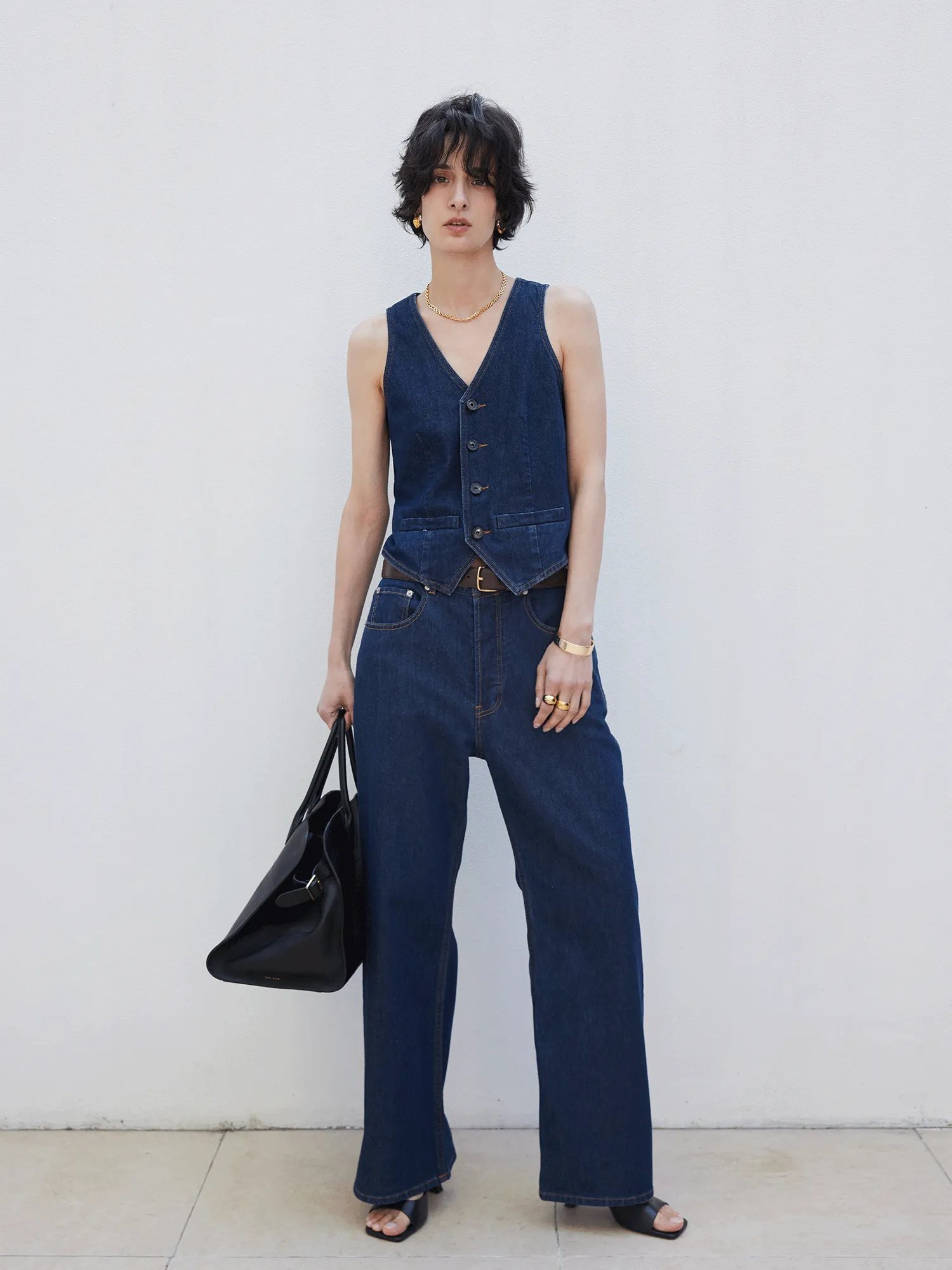 Hemp Triacetate Denim Vest & Wide-Leg Trousers Set