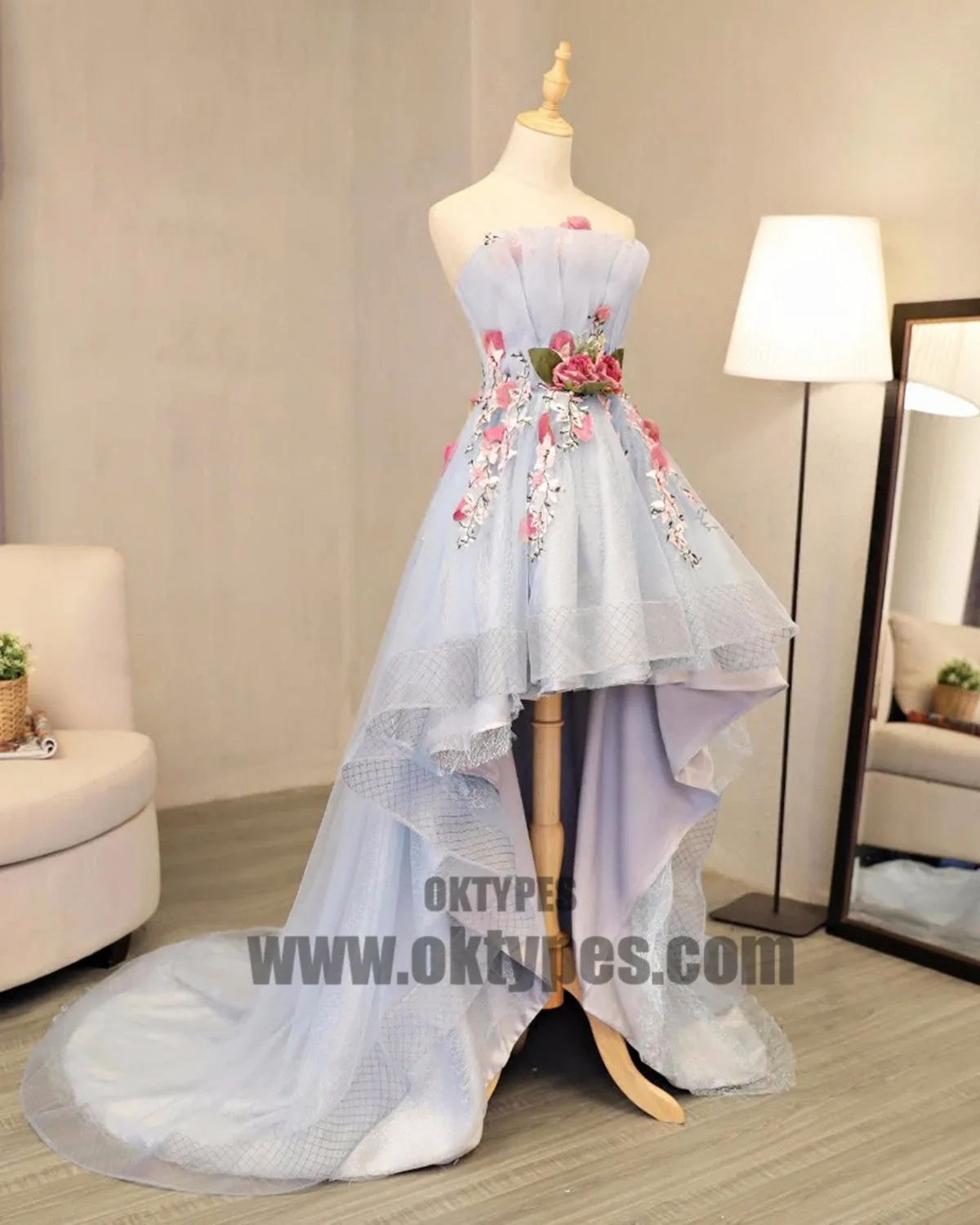 High Low Handmade Flower Tulle Prom Dresses, Sweetheart Backless Prom Dresses, TYP0414
