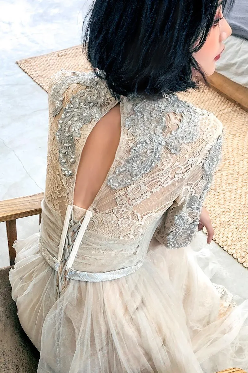 High Neck Light Champagne Long Sleeves Evening Dress