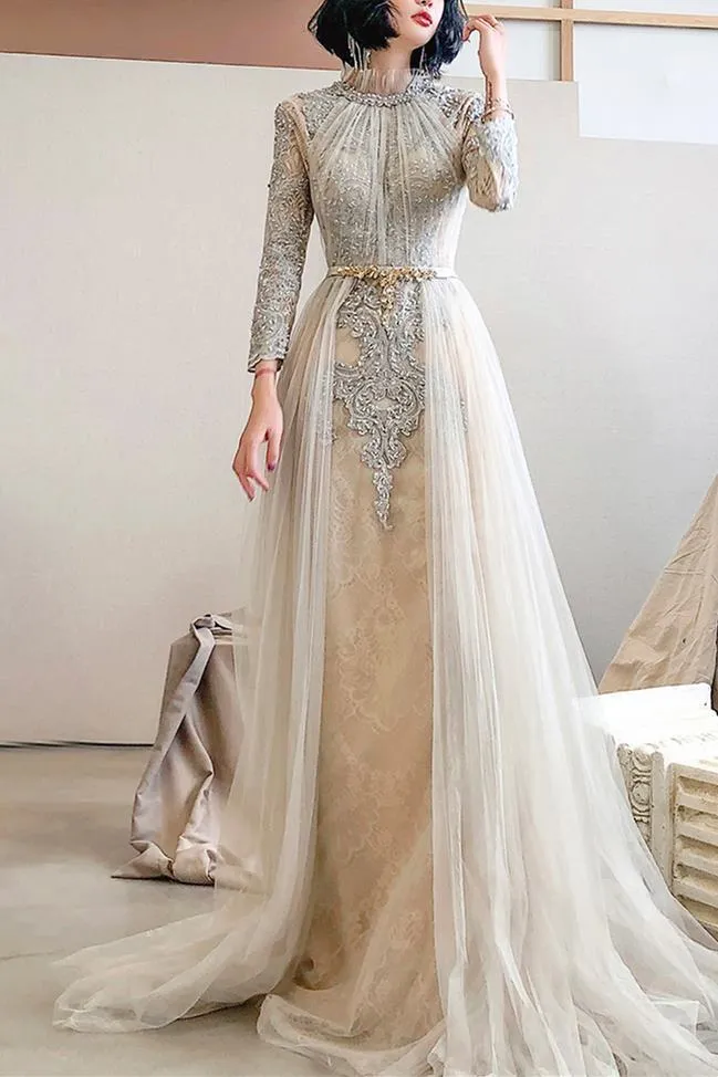 High Neck Light Champagne Long Sleeves Evening Dress