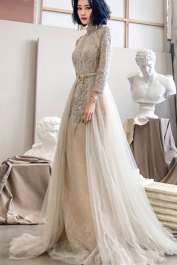 High Neck Light Champagne Long Sleeves Evening Dress