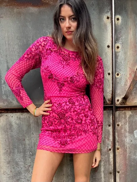 Hot Pink Sequin Party Dress with embellished  Cristal beads
