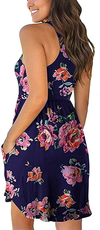 isermeo Blue Floral Women's Summer Sleeveless Casual Dresses Swing Cover Up Elastic Sundress Beach Tank Dress with Pockets XXL