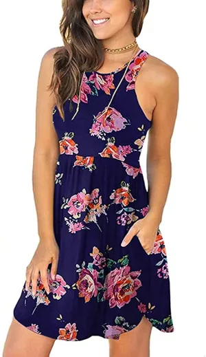 isermeo Blue Floral Women's Summer Sleeveless Casual Dresses Swing Cover Up Elastic Sundress Beach Tank Dress with Pockets XXL
