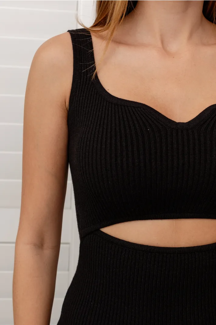 JADAH FRONT CUT-OUT KNIT MIDI DRESS- Black
