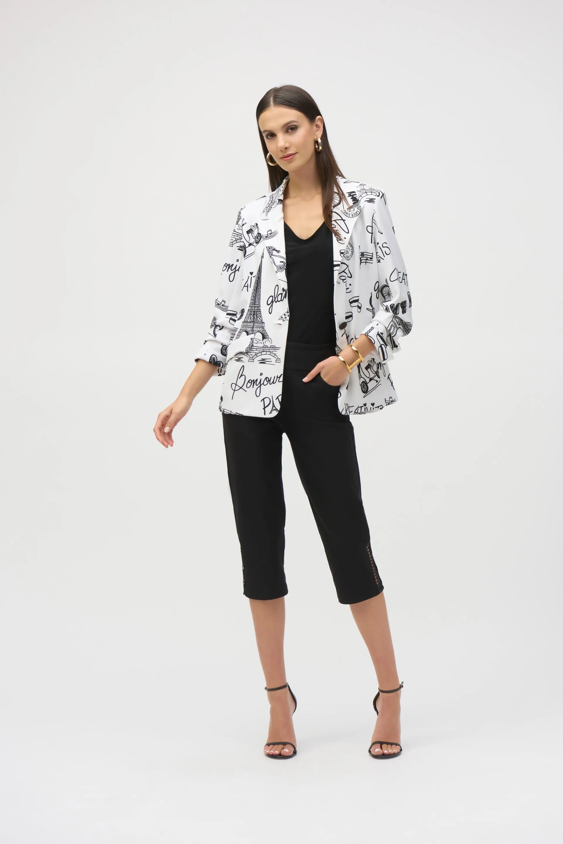 Joseph Ribkoff Vanilla/Black Silky Knit Conversational Print Straight Blazer Style 252042