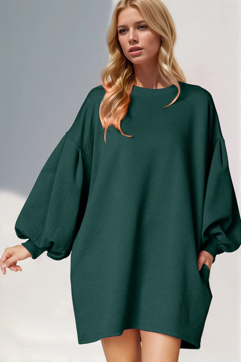 June Drop Shoulder Lantern Sleeve Texture Mini Dress with Pockets- Deal of the Day!