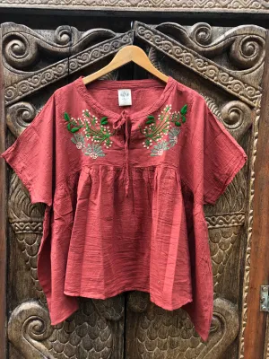 Karuna Blouse - Warm Plum with Turquoise Petals