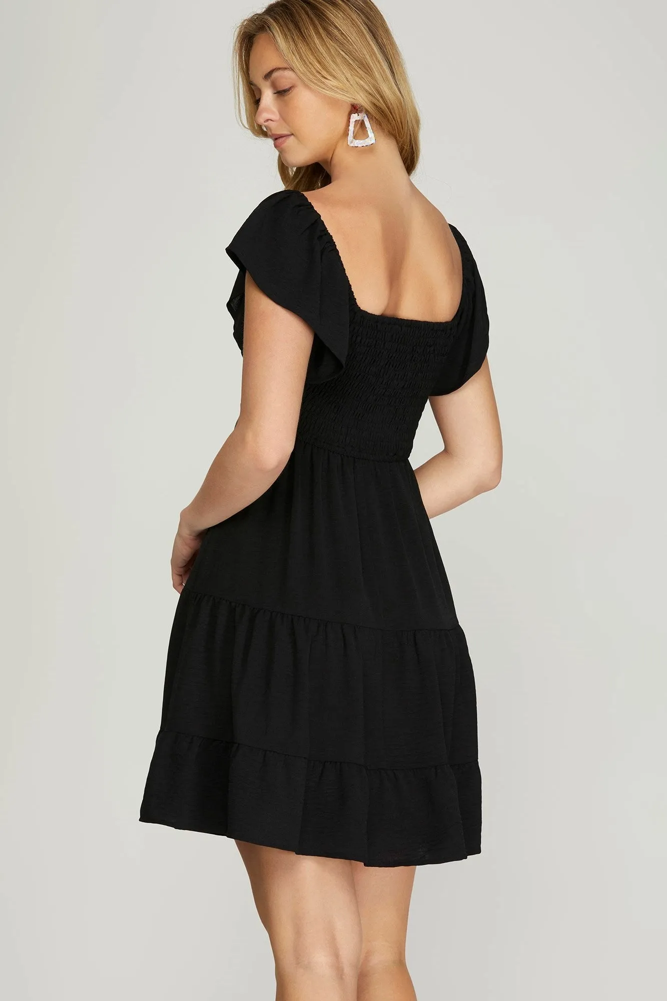 Katie Flutter Sleeve Smocked Mini Dress, Black