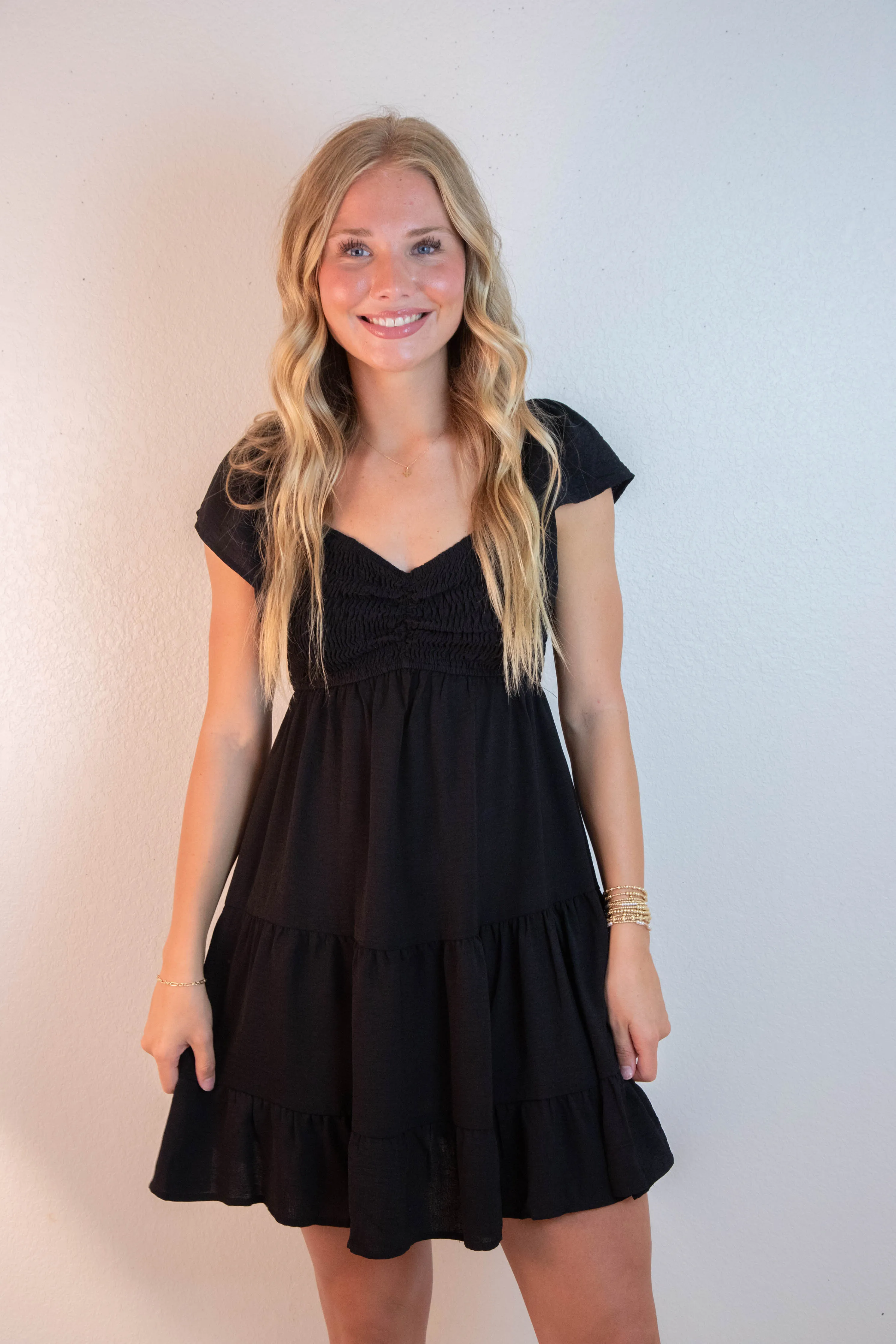 Katie Flutter Sleeve Smocked Mini Dress, Black