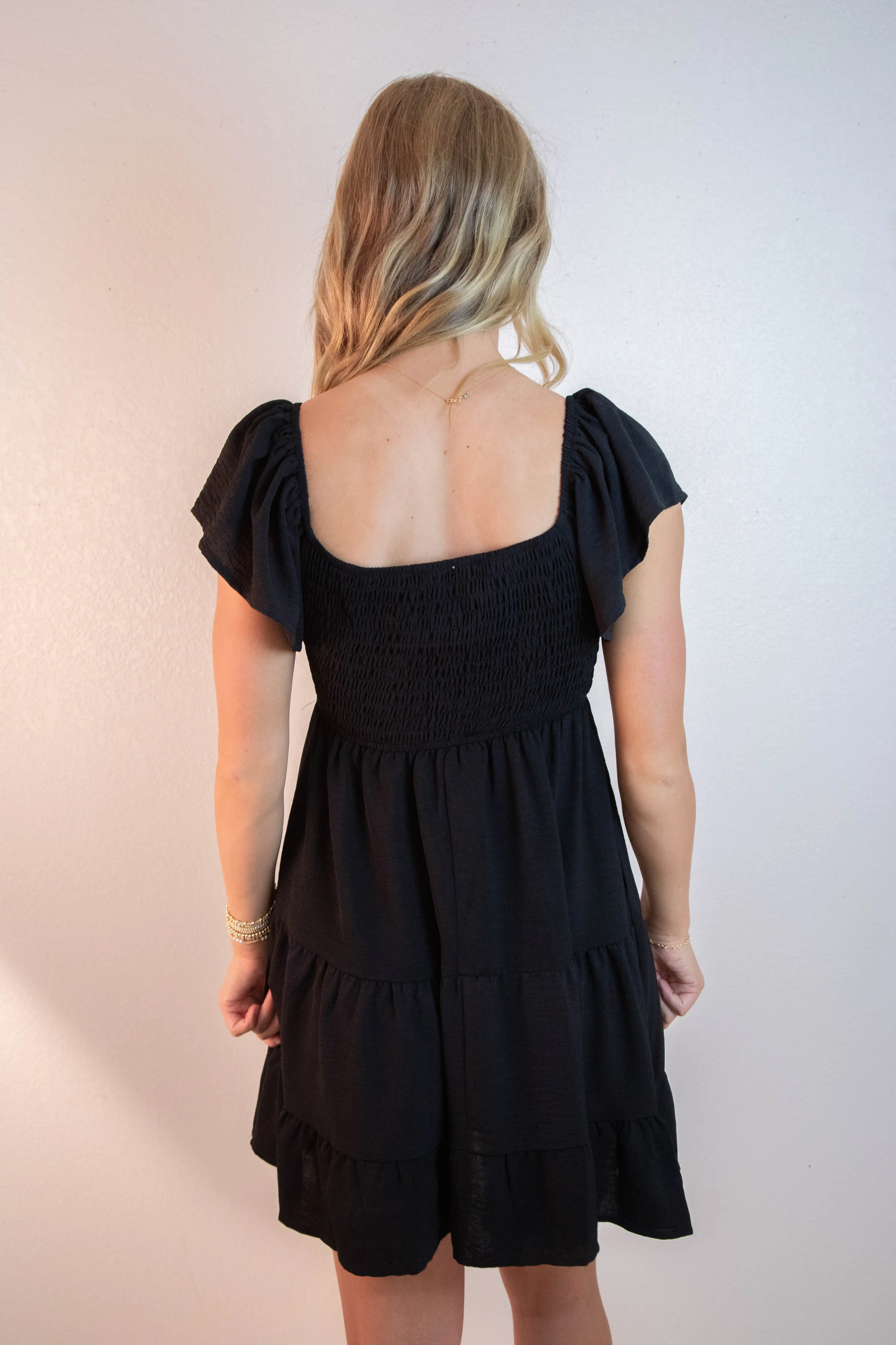 Katie Flutter Sleeve Smocked Mini Dress, Black