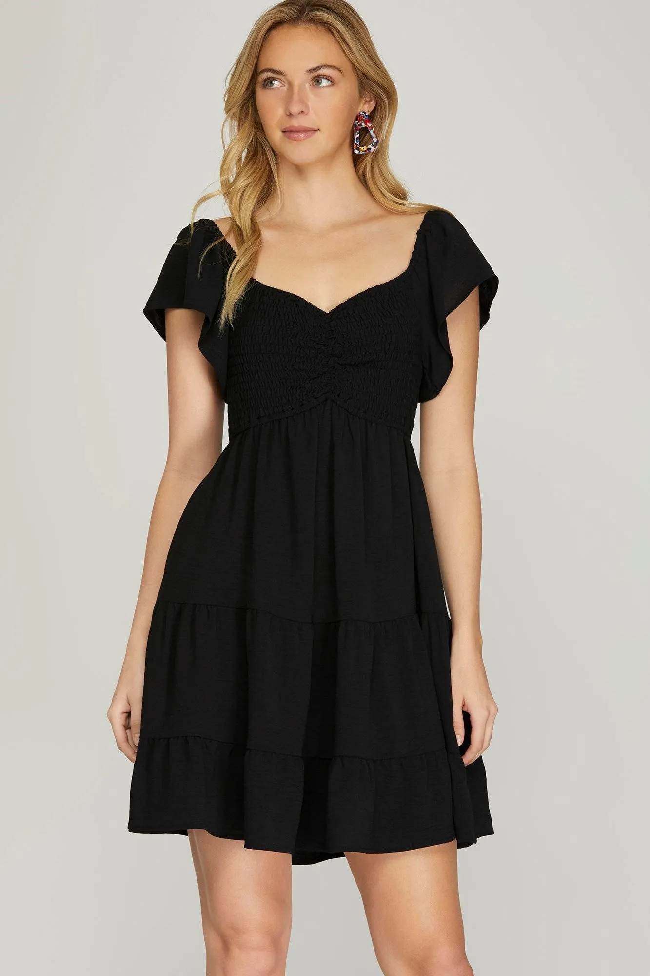 Katie Flutter Sleeve Smocked Mini Dress, Black