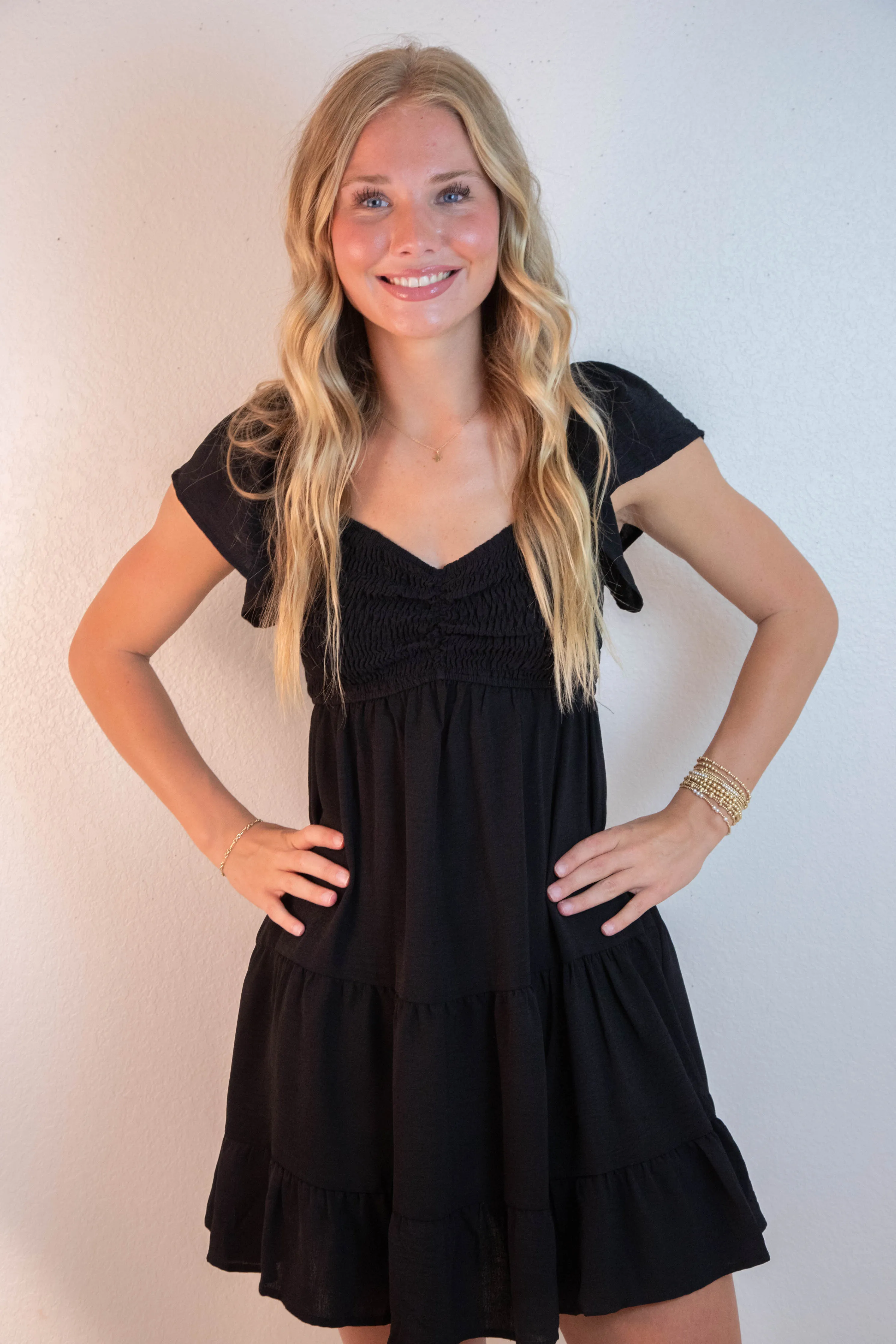 Katie Flutter Sleeve Smocked Mini Dress, Black