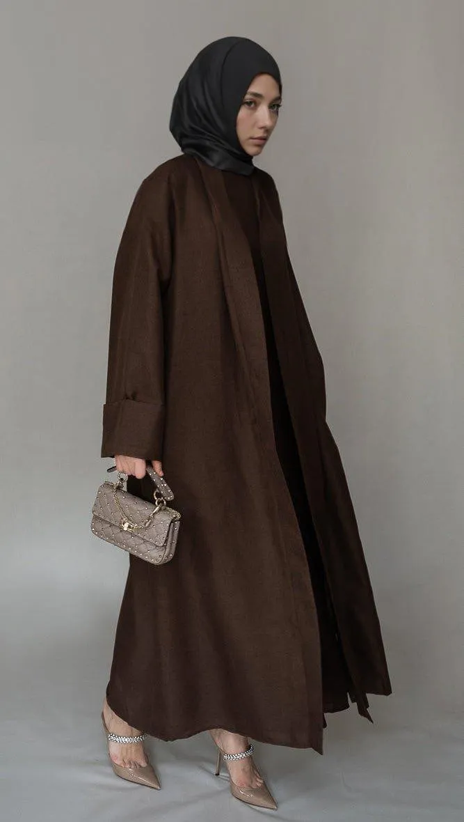 Kattyia Abaya throw over bisht fabric in Cofee color with a detachable belt