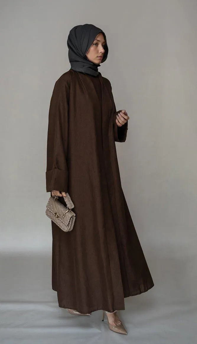 Kattyia Abaya throw over bisht fabric in Cofee color with a detachable belt