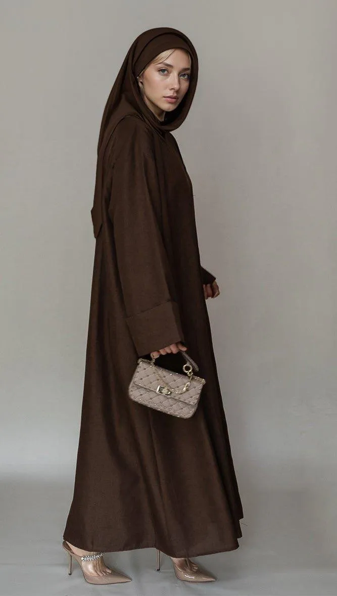 Kattyia Abaya throw over bisht fabric in Cofee color with a detachable belt