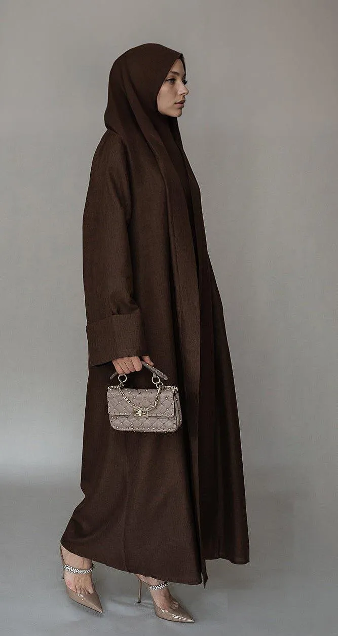 Kattyia Abaya throw over bisht fabric in Cofee color with a detachable belt