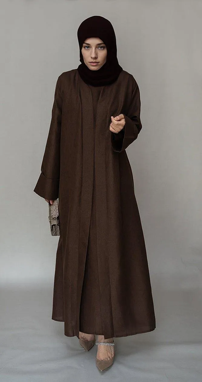 Kattyia Abaya throw over bisht fabric in Cofee color with a detachable belt