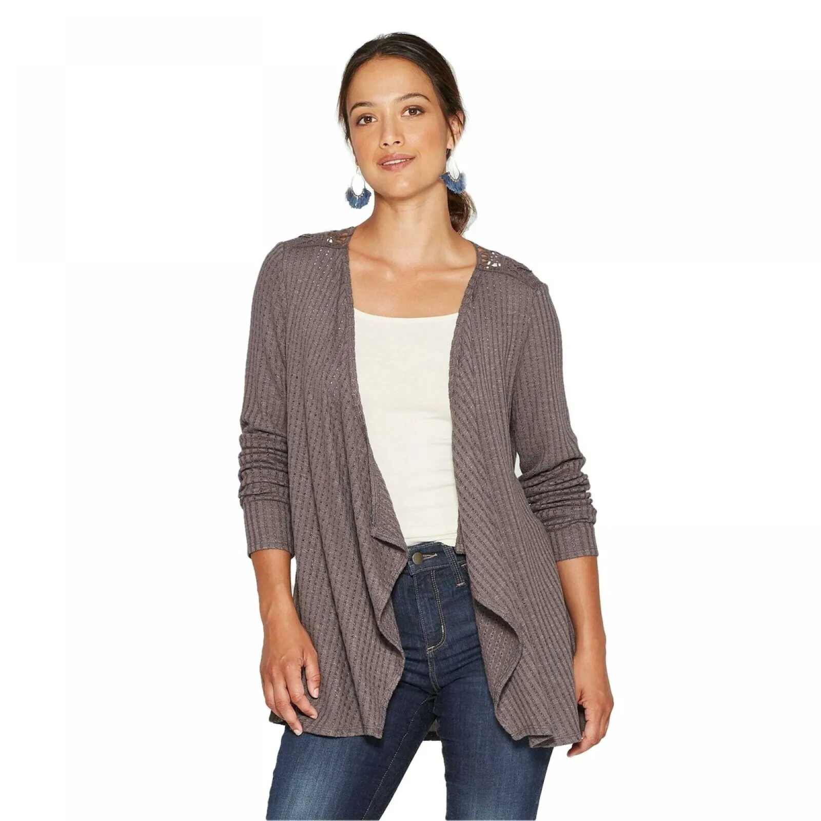 Knox Rose Women's Long Sleeve Open Front Crochet Backing Cardigan Jacket