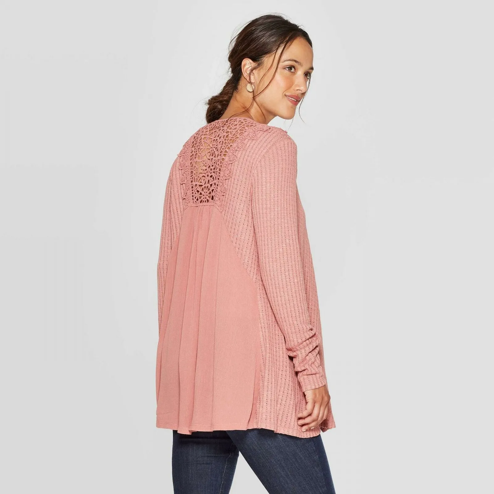 Knox Rose Women's Long Sleeve Open Front Crochet Backing Cardigan Jacket