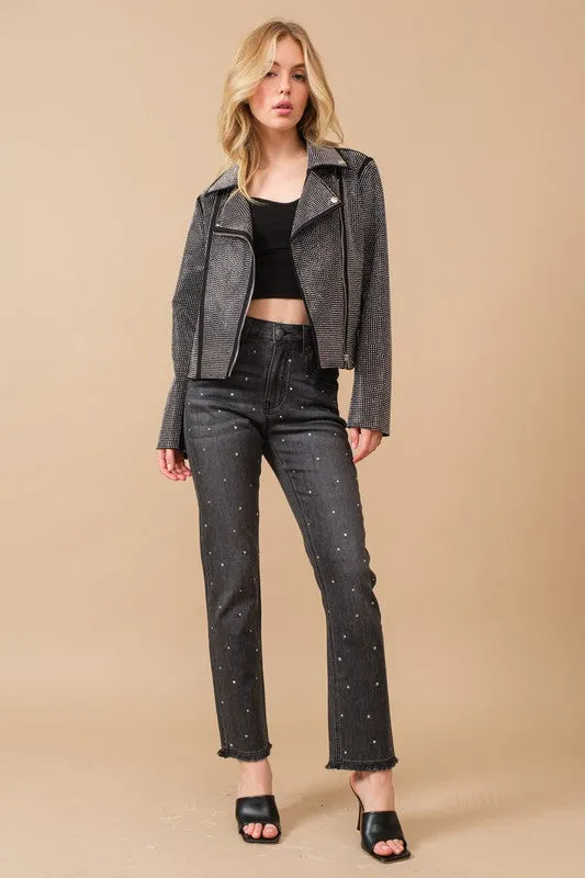 Krystal Studded Stretch Zip Up Jacket