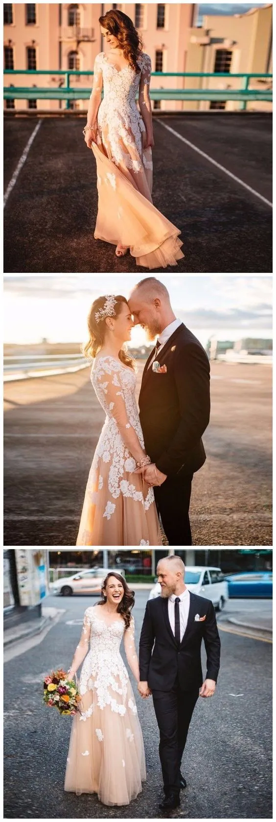 Lace A-line Long Sleeves Tulle Simple Long Wedding Dress Prom Dress OK889