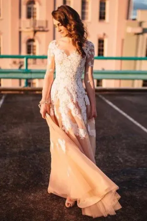 Lace A-line Long Sleeves Tulle Simple Long Wedding Dress Prom Dress OK889