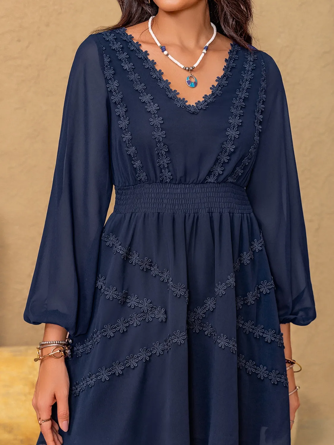 Lace Detail V-Neck Balloon Sleeve Mini Dress