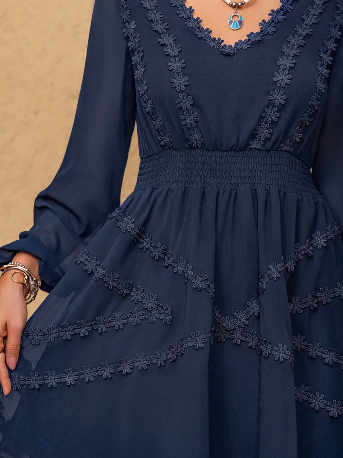 Lace Detail V-Neck Balloon Sleeve Mini Dress