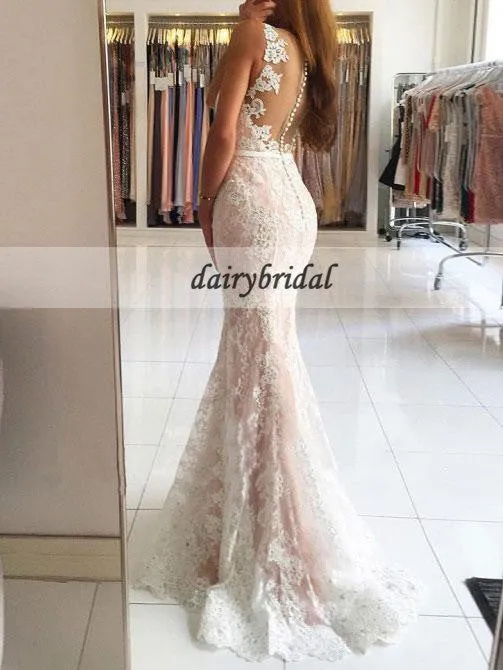 Lace V-Neck Mermaid Prom Dresses, Tulle Applique Prom Dresses, D453