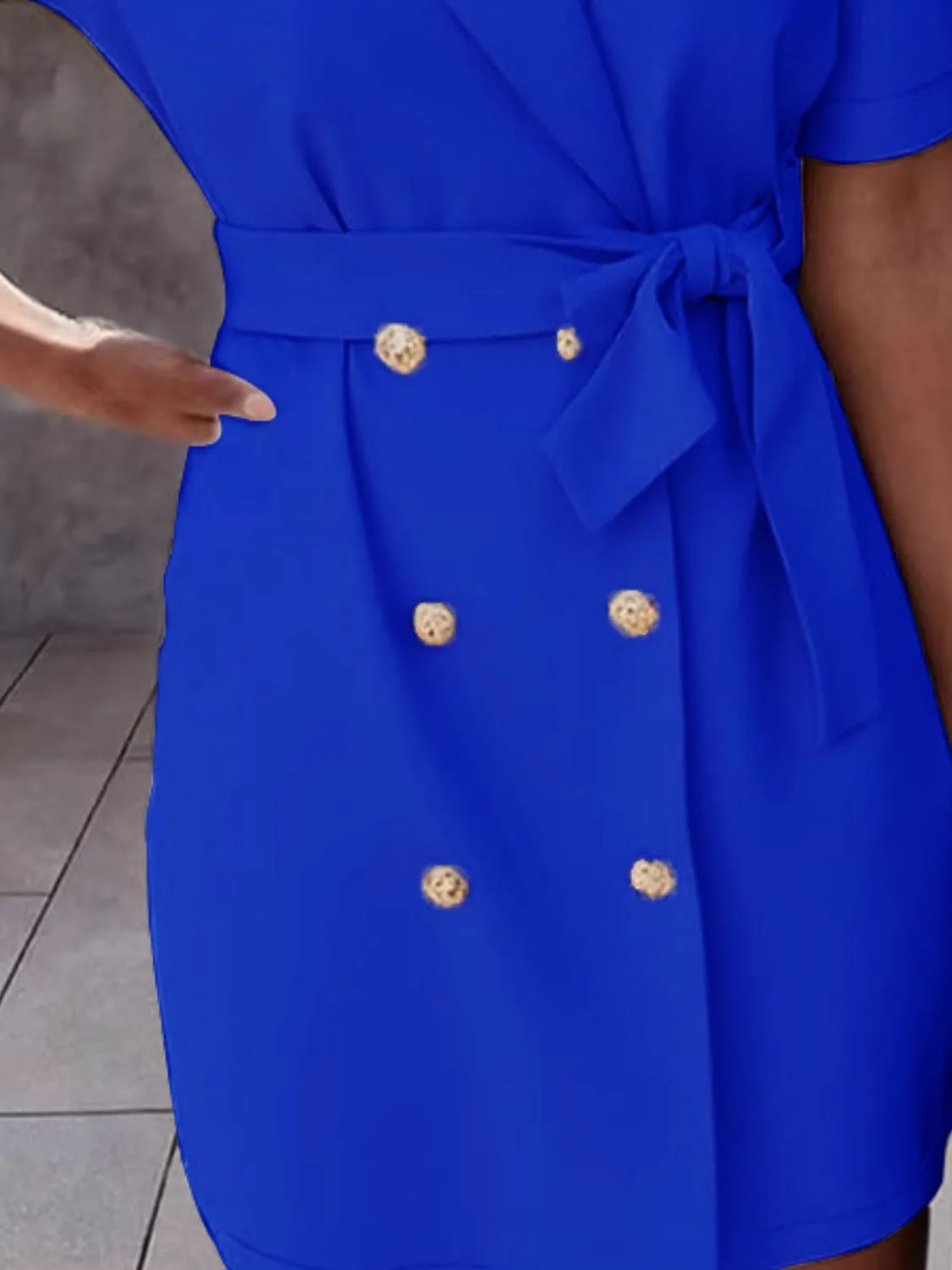Lapel Collar Short Sleeve Tie Waist Mini Dress