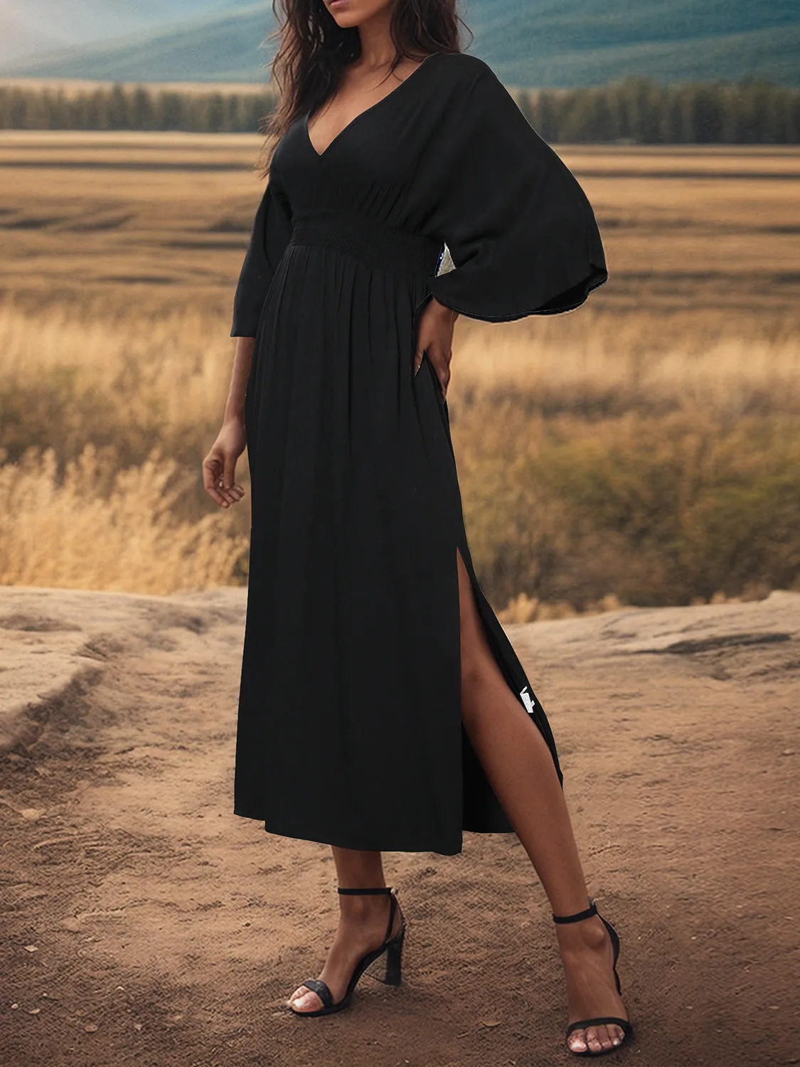 Laurel Slit V-Neck Long Sleeve Midi Dress