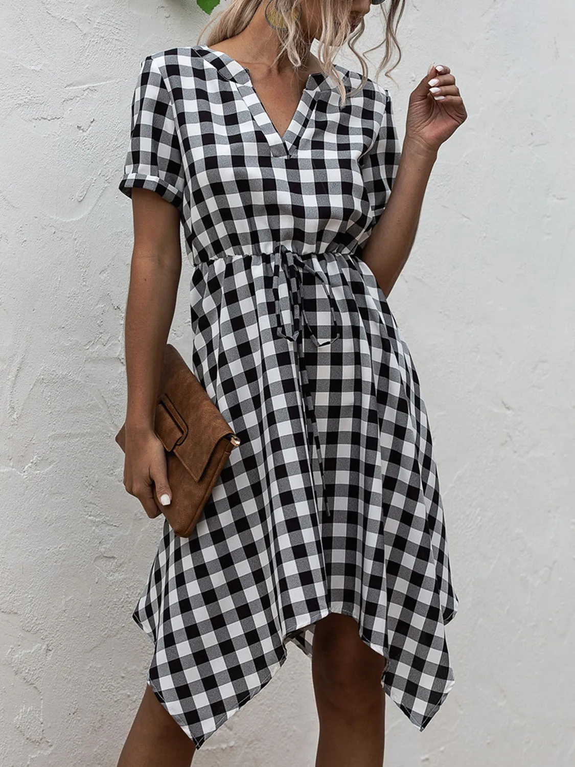 Layla Plaid Notched Short Sleeve Dress