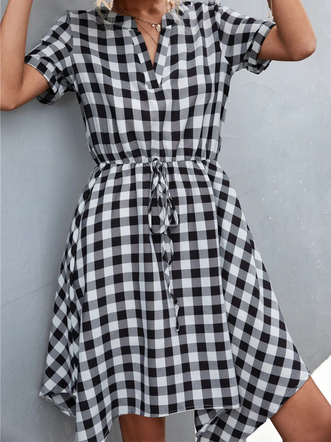 Layla Plaid Notched Short Sleeve Dress