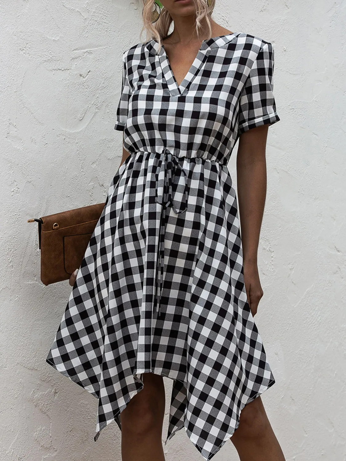 Layla Plaid Notched Short Sleeve Dress