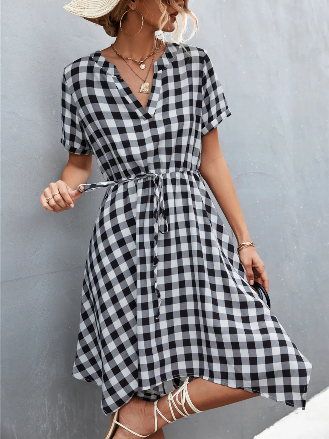 Layla Plaid Notched Short Sleeve Dress