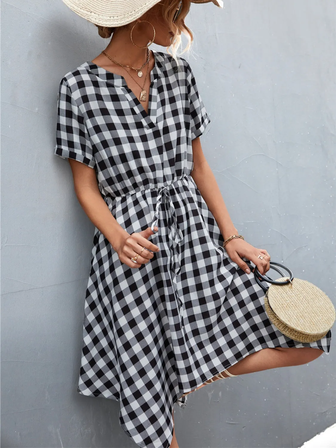 Layla Plaid Notched Short Sleeve Dress
