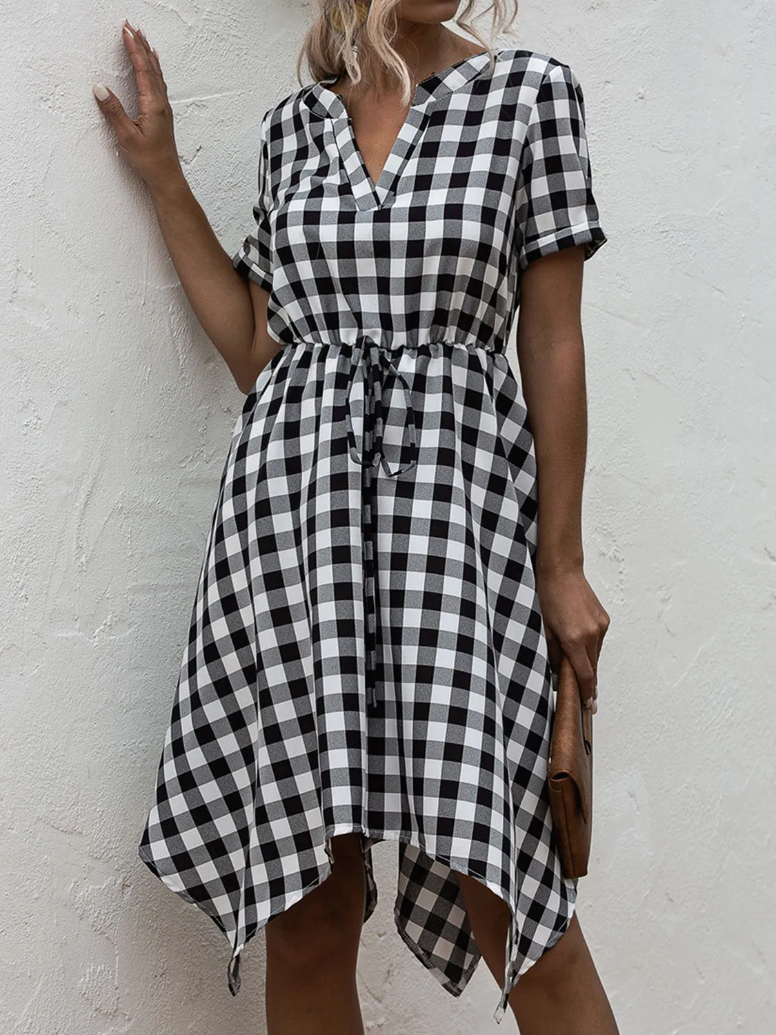Layla Plaid Notched Short Sleeve Dress