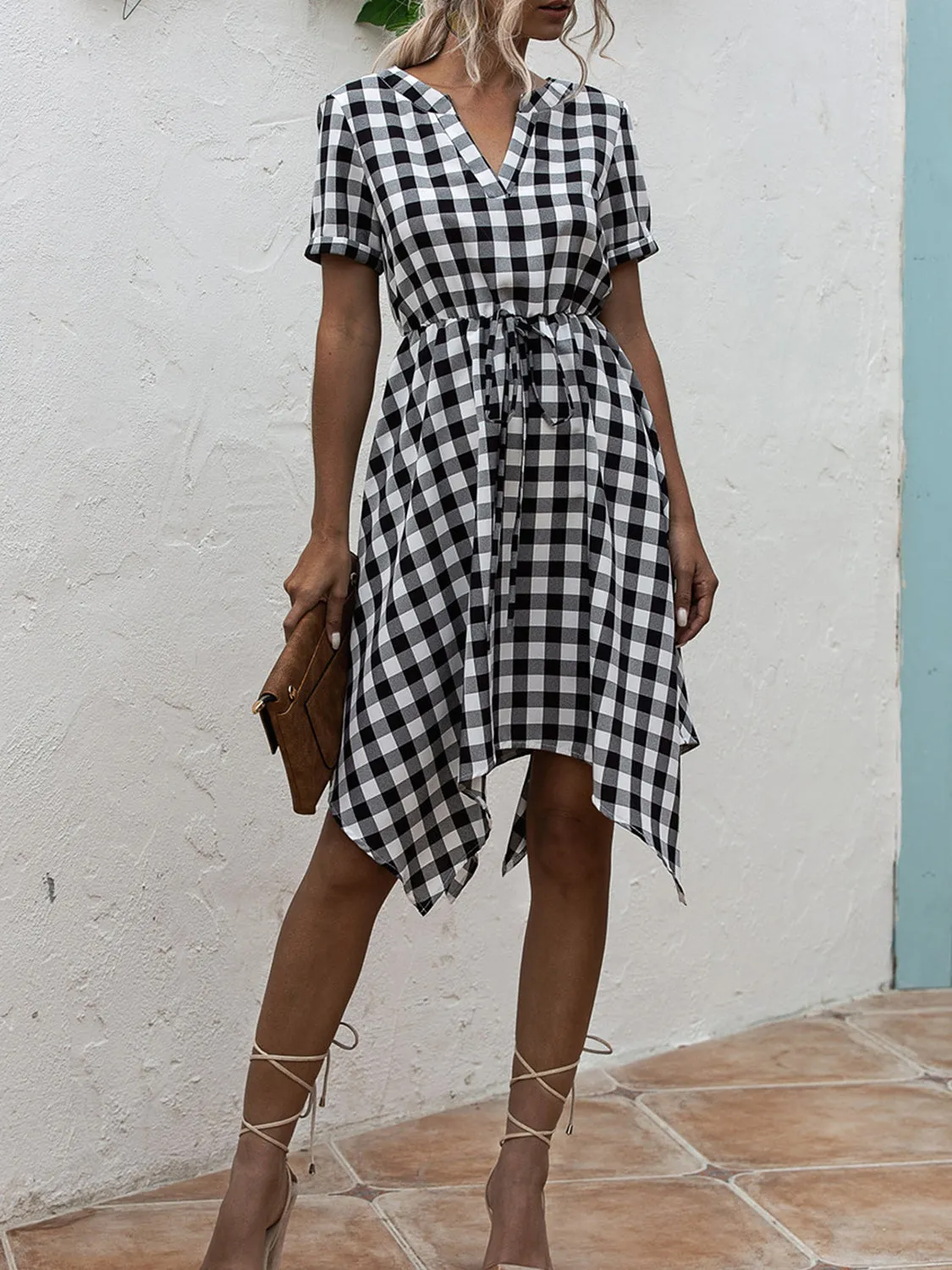 Layla Plaid Notched Short Sleeve Dress