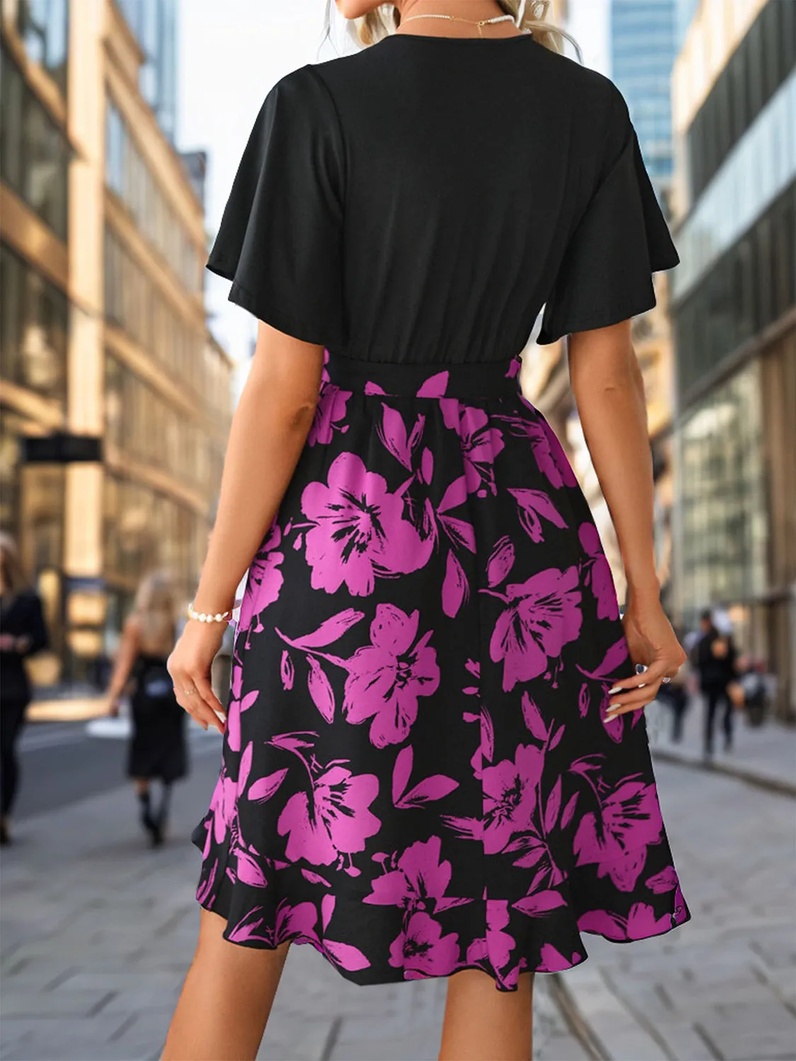 Levi Tied Printed Surplice Short Sleeve Dress