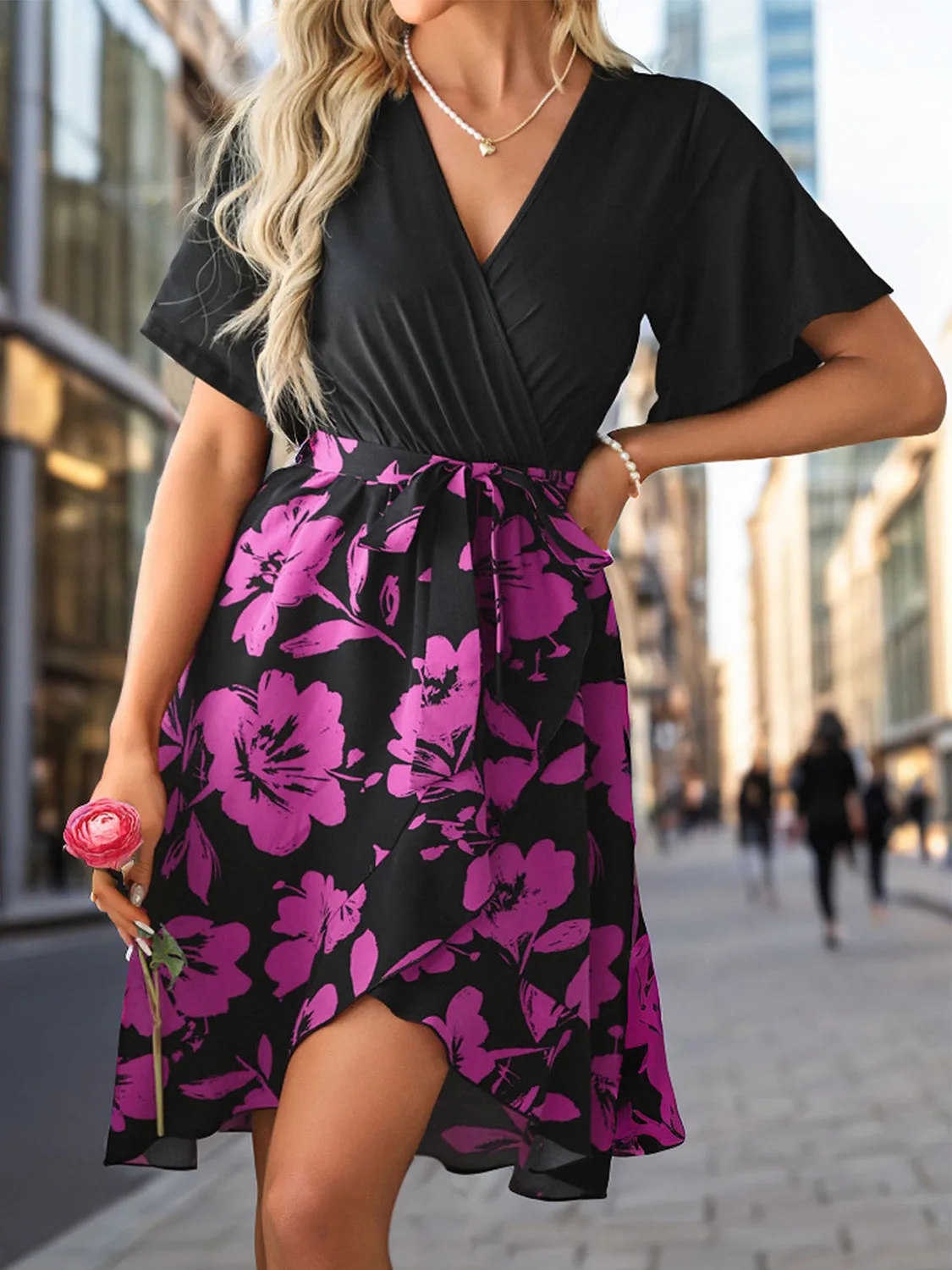 Levi Tied Printed Surplice Short Sleeve Dress
