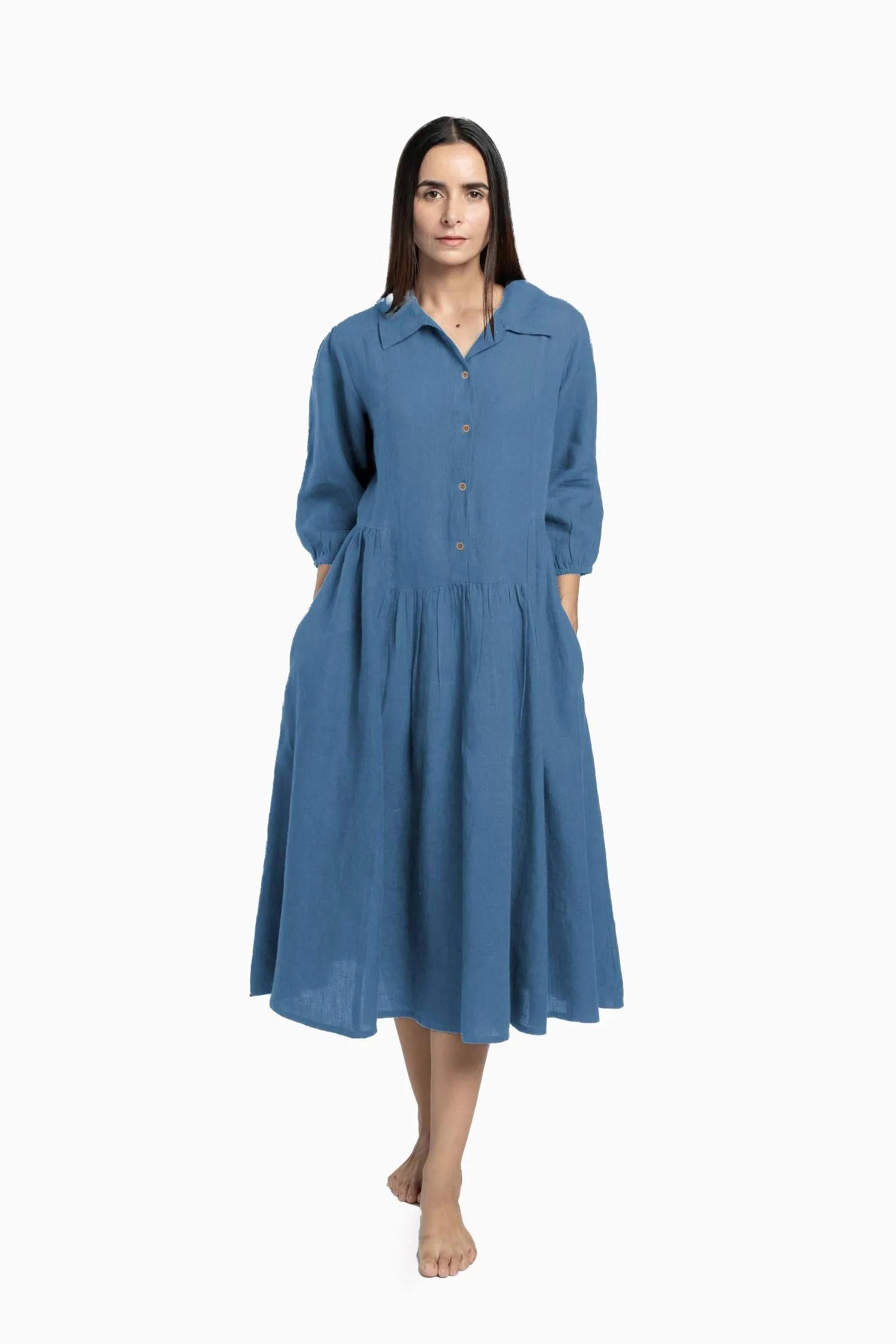 Linen Magnolia Dress-Pacific Blue