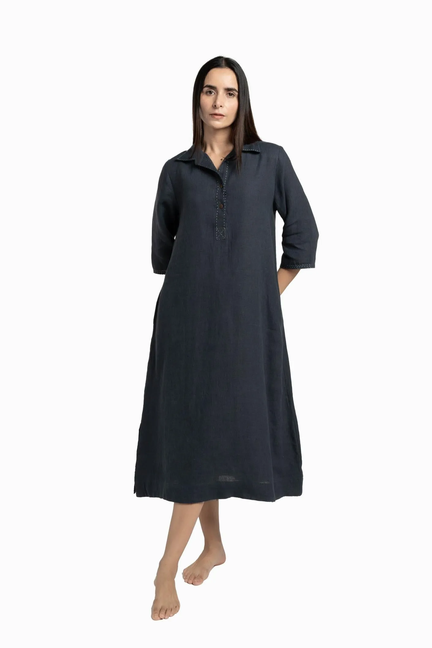 Linen Petunia Shirt Dress-Pacific Blue