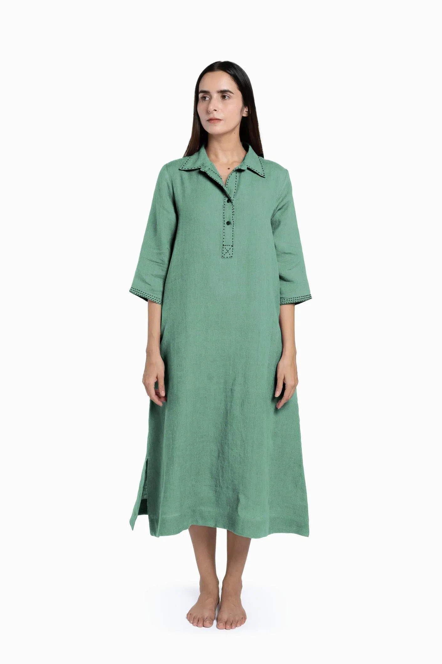 Linen Petunia Shirt Dress-Pacific Blue