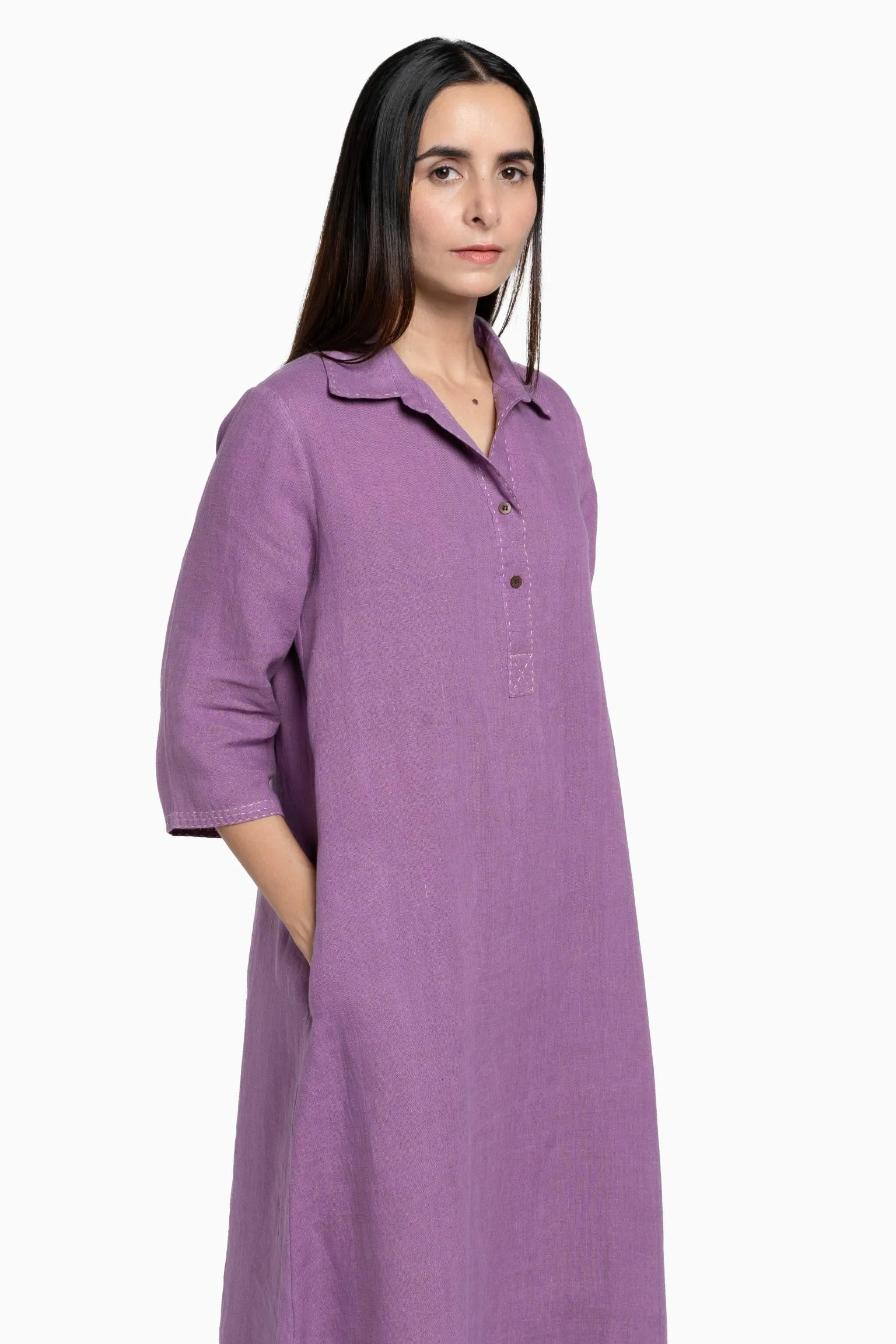 Linen Petunia Shirt Dress-Pacific Blue