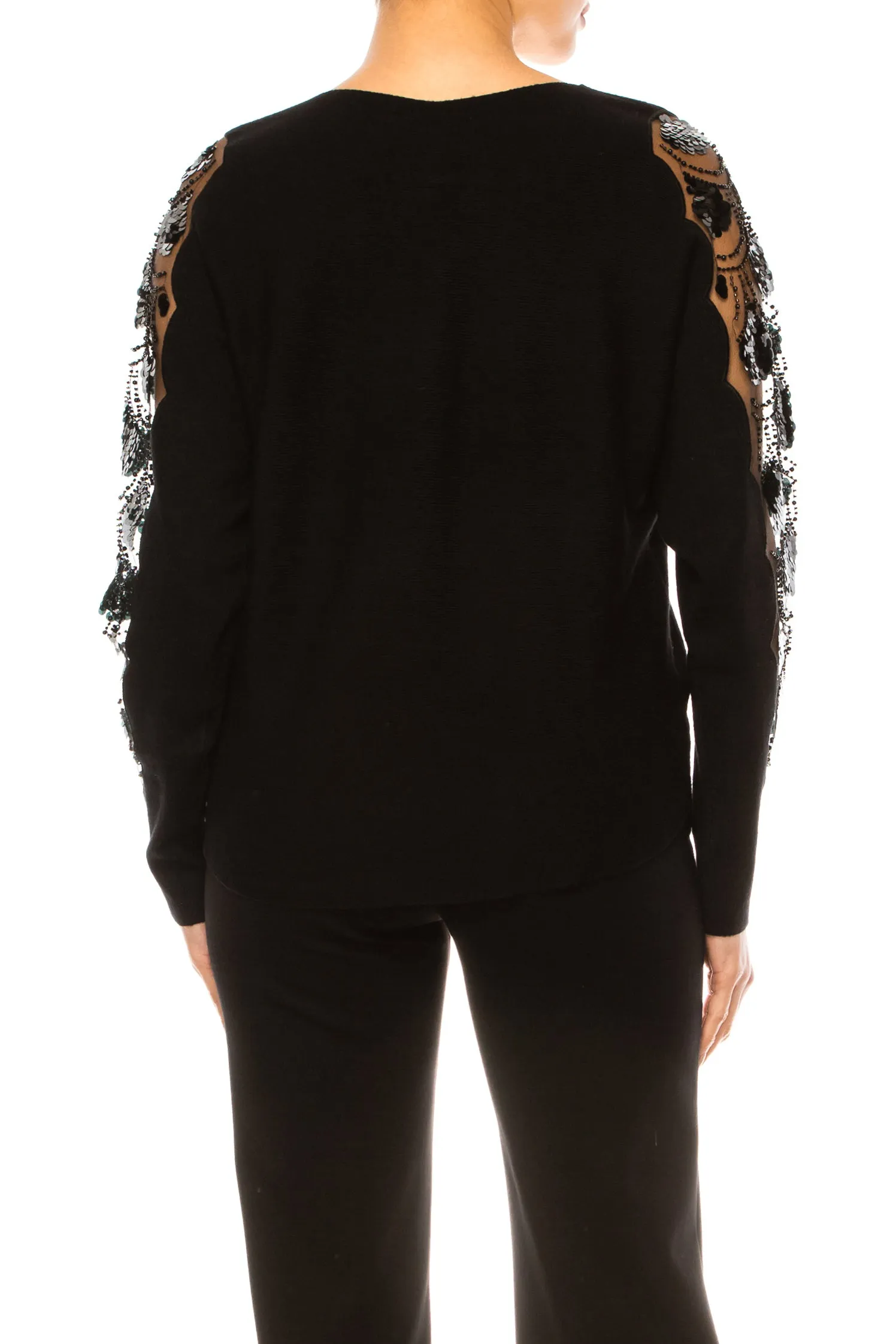 Liv Embellished Sleeve V Neck Pullover Sweater