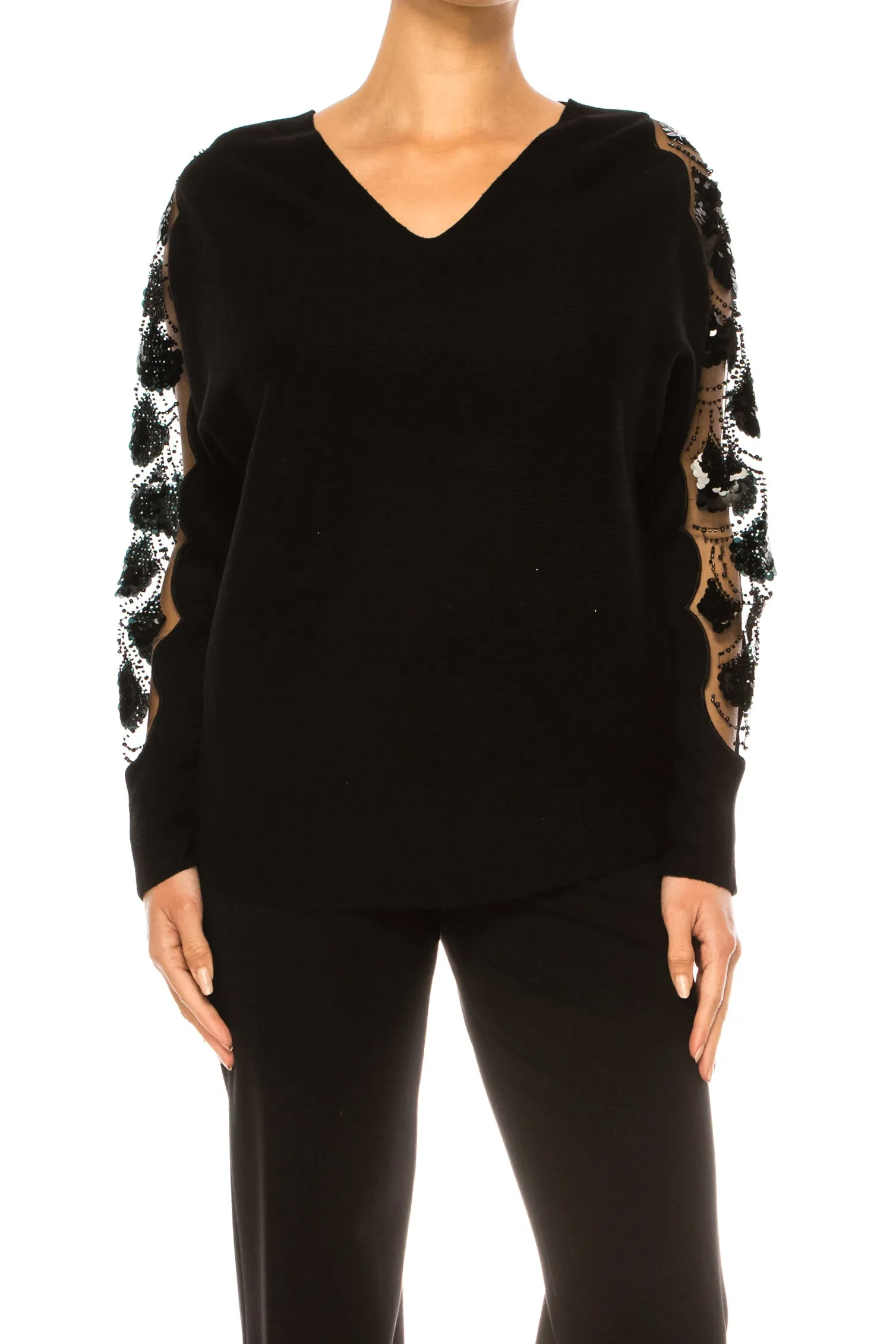 Liv Embellished Sleeve V Neck Pullover Sweater